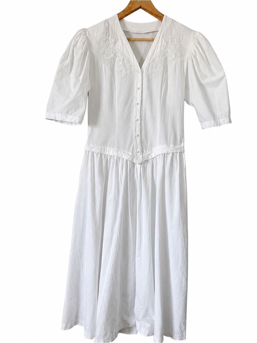 VTG 80s White Cotton lace detail heart button Dress Embroidered romantic boho 8 - Picture 3 of 11
